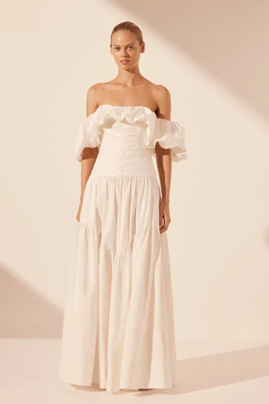 MAIORI OFF SHOULDER RUCHED BODICE MAXI DRESS - IVORY sold by Shona Joy