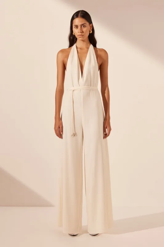 ILIAD HALTER NECK OPEN BACK JUMPSUIT - RICE sold by Shona Joy