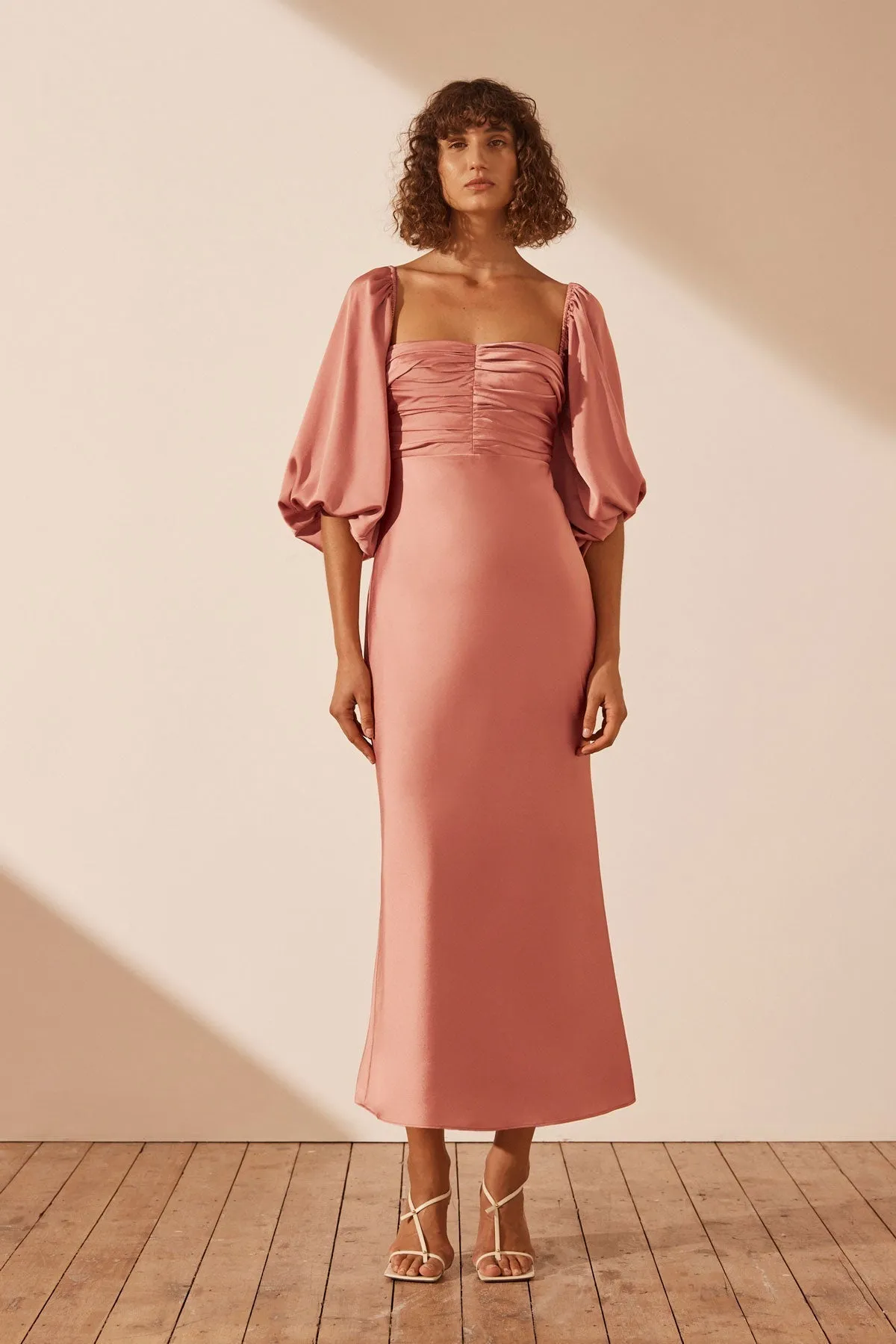 LUXE RUCHED BODICE LONG SLEEVE MIDI DRESS - ROSE sold by Shona Joy