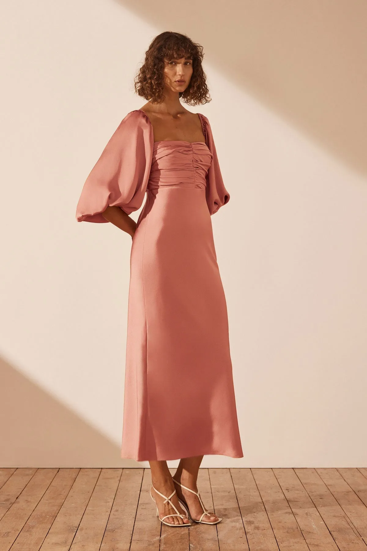 LUXE RUCHED BODICE LONG SLEEVE MIDI DRESS - ROSE sold by Shona Joy product image thumbnail 2