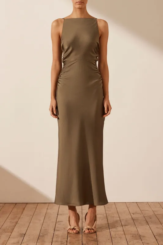 LUXE HIGH NECK RUCHED MIDI DRESS - PINE sold by Shona Joy