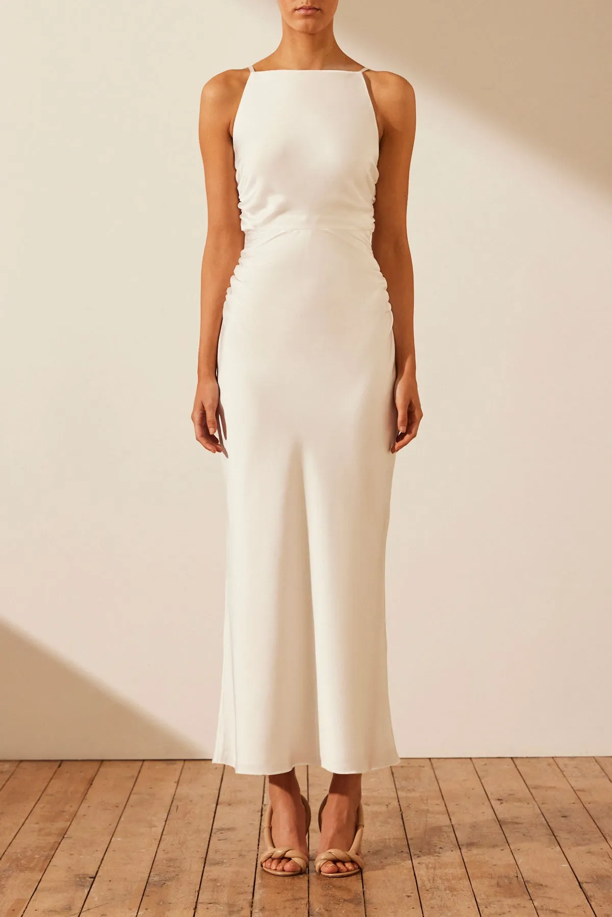 LUXE HIGH NECK RUCHED MIDI DRESS - IVORY sold by Shona Joy