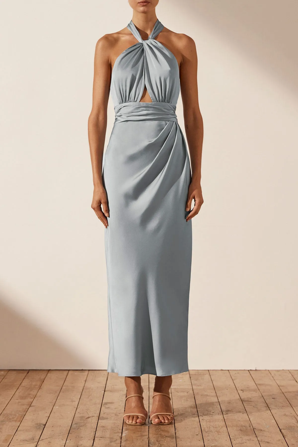 LUXE GATHERED HALTER MIDI DRESS - AZURE sold by Shona Joy
