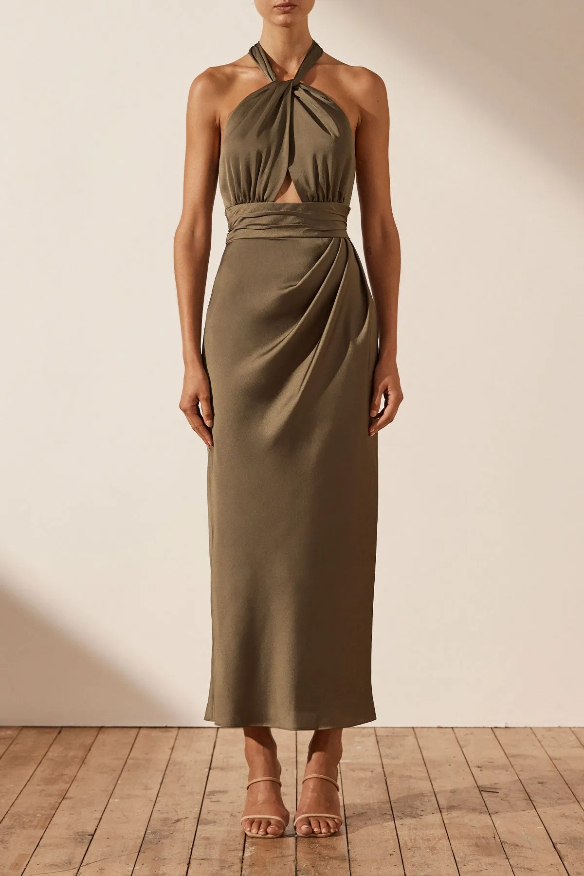 LUXE GATHERED HALTER MIDI DRESS - PINE sold by Shona Joy