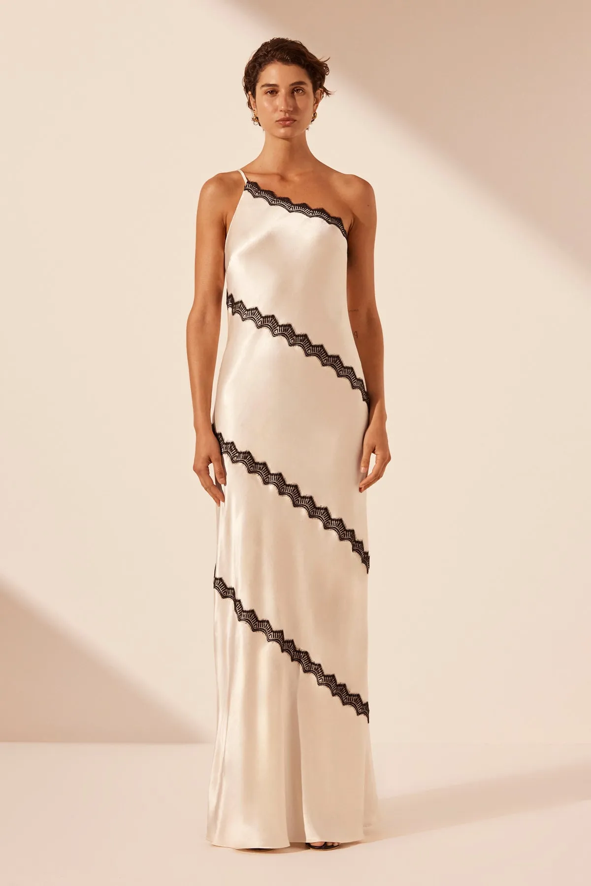 CAMILLE LACE ASYMMETRICAL MAXI DRESS - CREAM/BLACK sold by Shona Joy