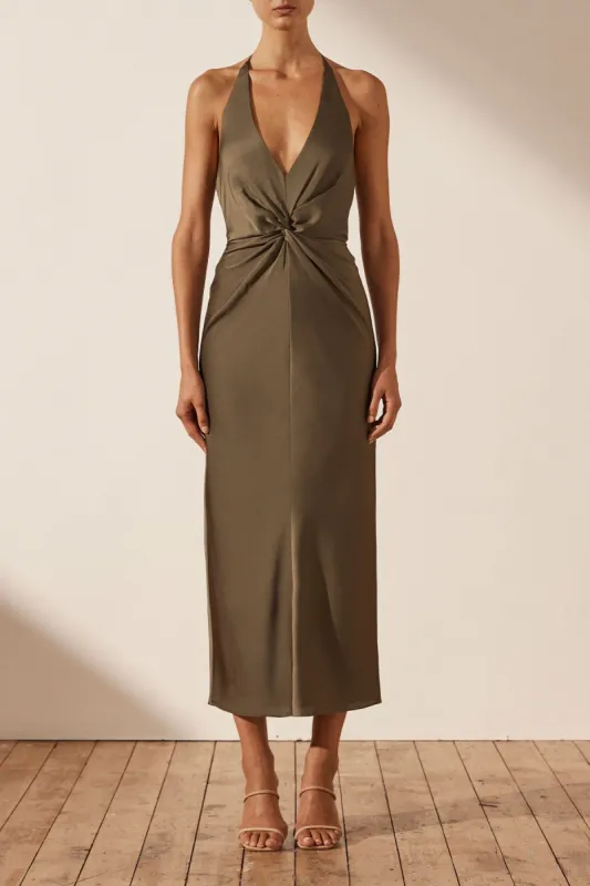 LUXE TWIST FRONT HALTER MIDI DRESS - PINE sold by Shona Joy