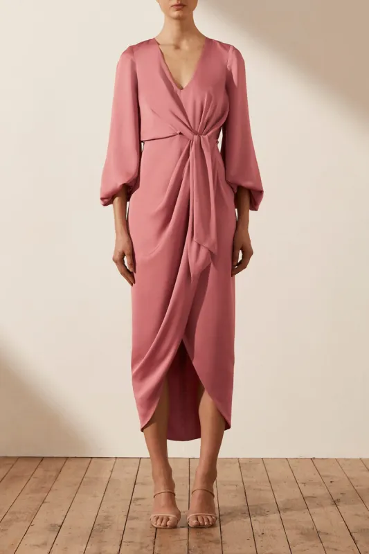 LUXE TIE FRONT BALLOON SLEEVE MIDI DRESS - ROSE sold by Shona Joy