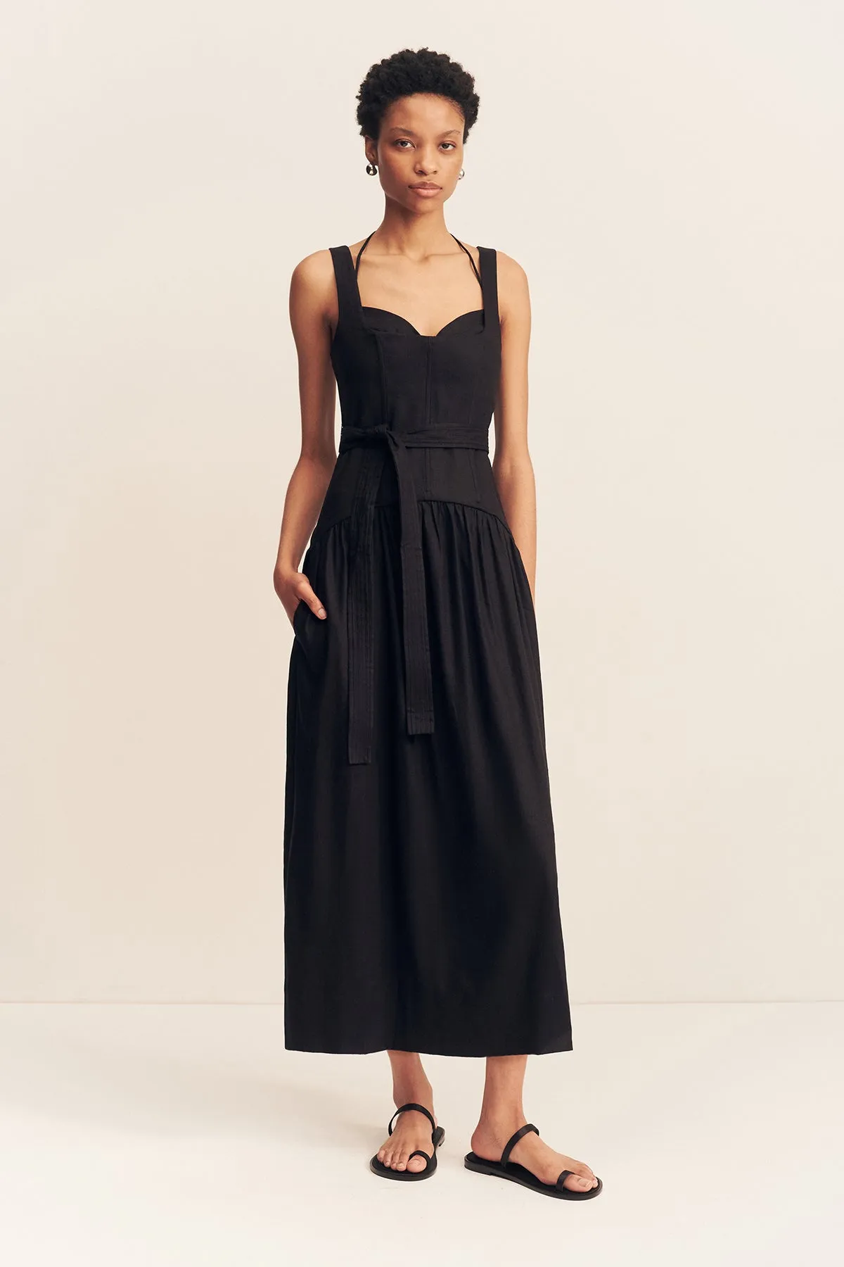 KASBAH BUSTIER GATHERED MIDI DRESS - BLACK sold by Shona Joy