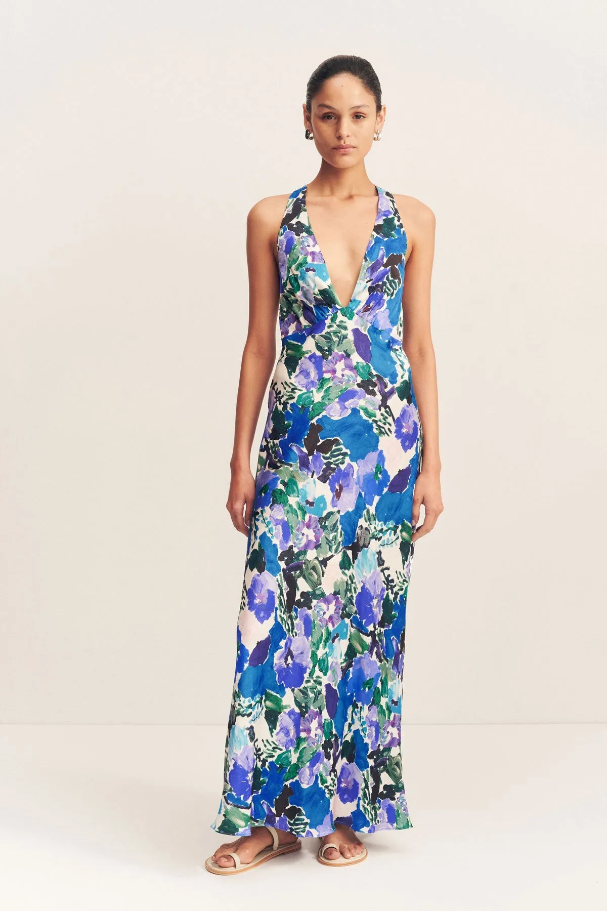 CURLEWIS PLUNGED CROSS BACK MAXI DRESS sold by Shona Joy
