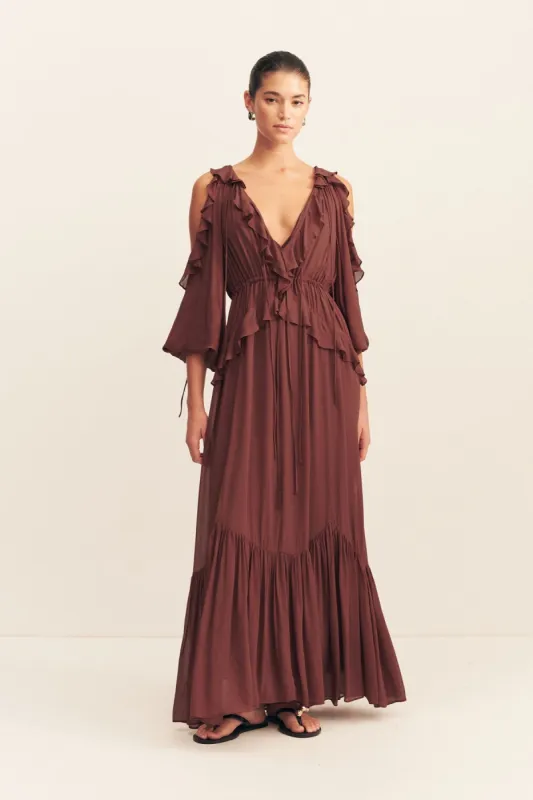 BLAIR RUFFLE DRAWSTRING MAXI DRESS - COCOA sold by Shona Joy