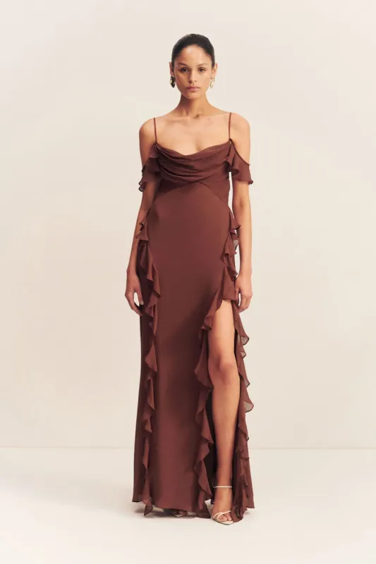 BLAIR RUFFLE COWL MAXI DRESS - COCOA sold by Shona Joy