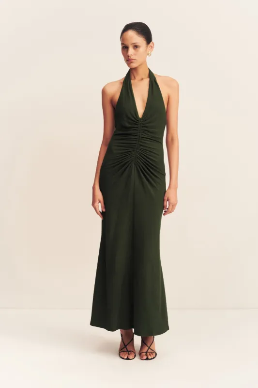 BEAU HALTER RUCHED MIDI DRESS - ARMY GREEN sold by Shona Joy