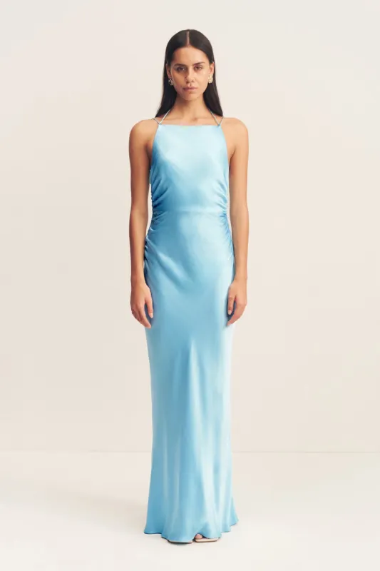 LA LUNE HIGH NECK RUCHED MAXI DRESS - ICEBERG BLUE sold by Shona Joy