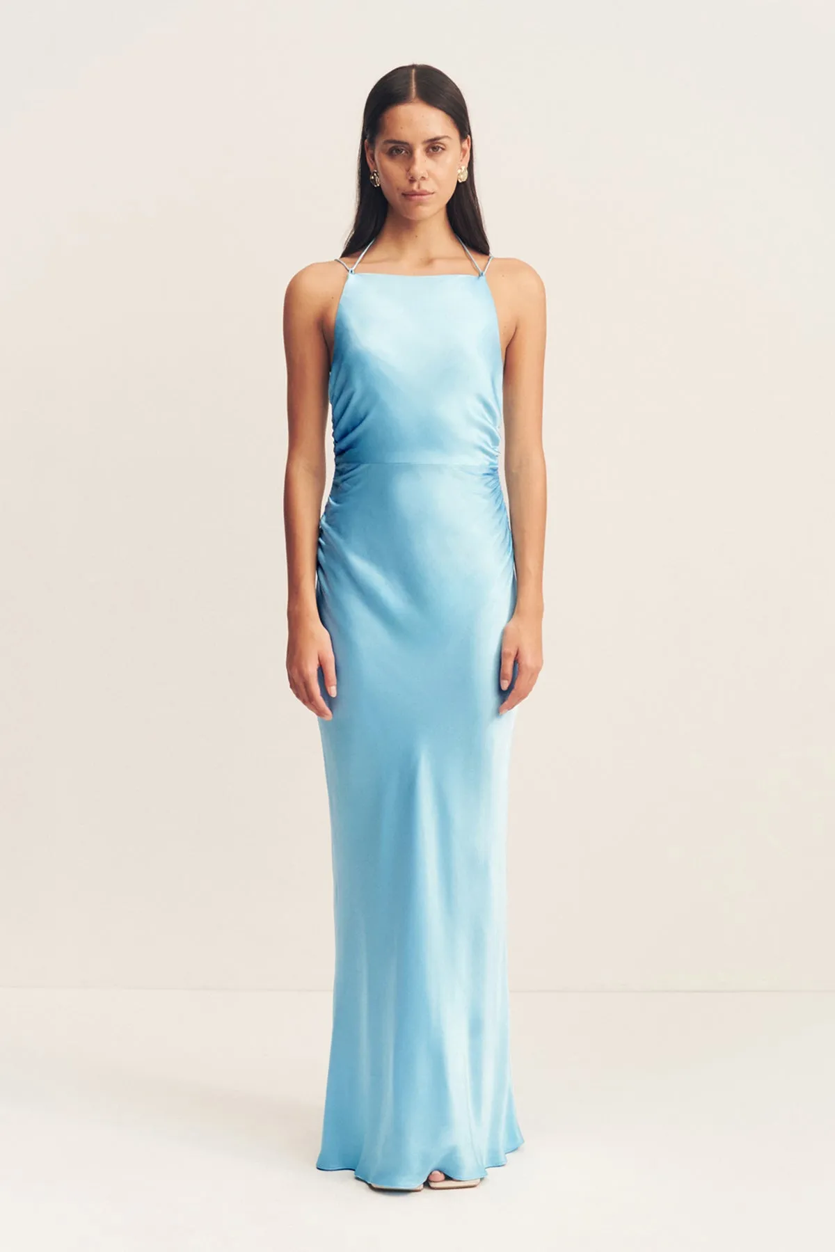 LA LUNE HIGH NECK RUCHED MAXI DRESS - ICEBERG BLUE sold by Shona Joy