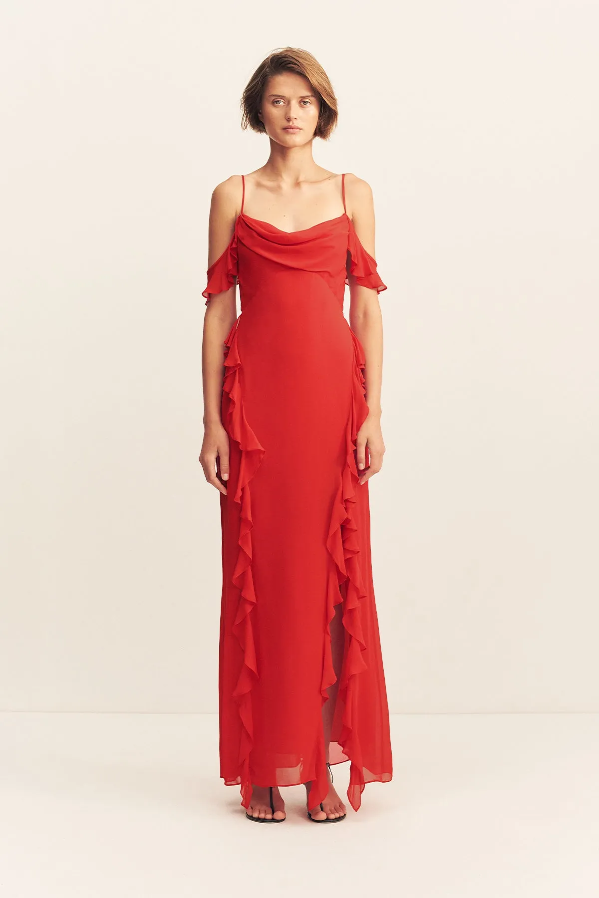 AMINA RUFFLE COWL MAXI DRESS - CHILLI sold by Shona Joy
