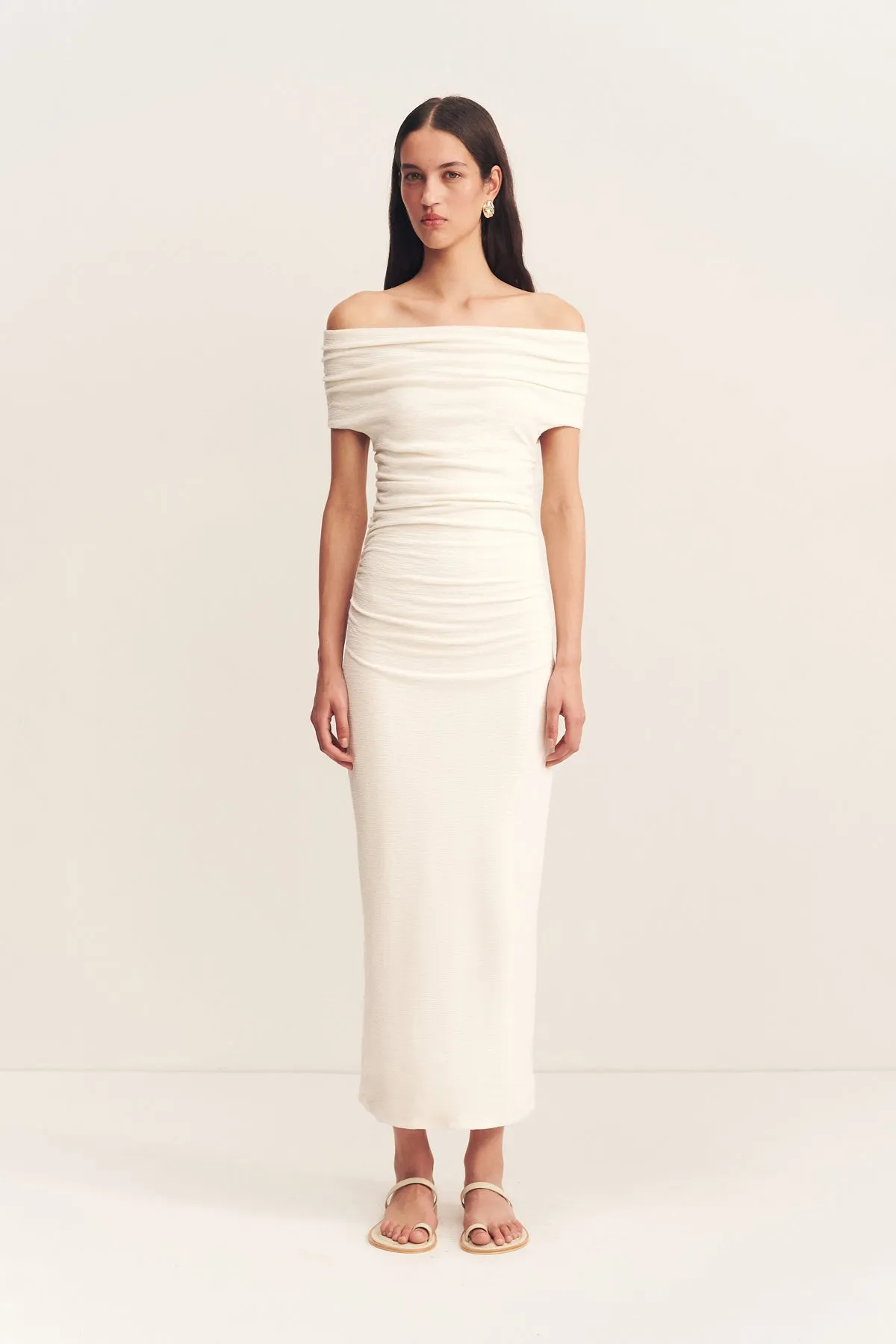 BEAU OFF SHOULDER MIDI DRESS - IVORY sold by Shona Joy
