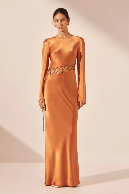 SOFIA ASYMMETRICAL LACE UP MAXI DRESS - GINGER sold by Shona Joy