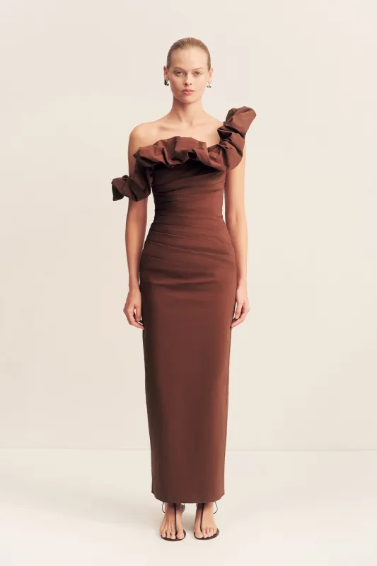 CAMPBELL RUFFLE DRAPED MAXI DRESS - ESPRESSO sold by Shona Joy