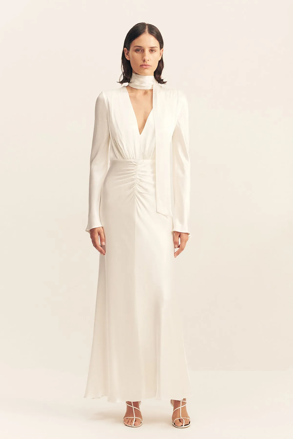 LA LUNE PLUNGED LONG SLEEVE MAXI DRESS - WHITE sold by Shona Joy