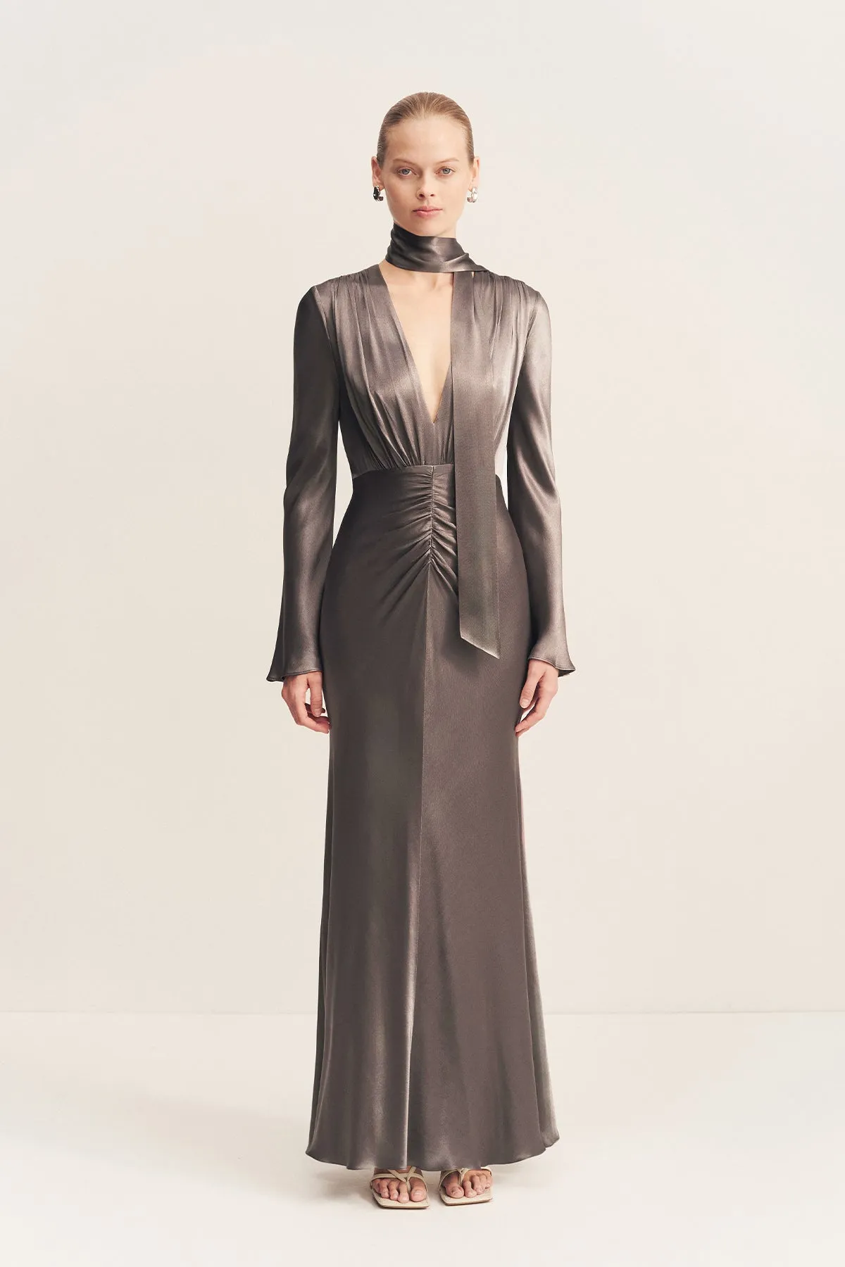 LA LUNE PLUNGED LONG SLEEVE MAXI DRESS - GRAPHITE sold by Shona Joy