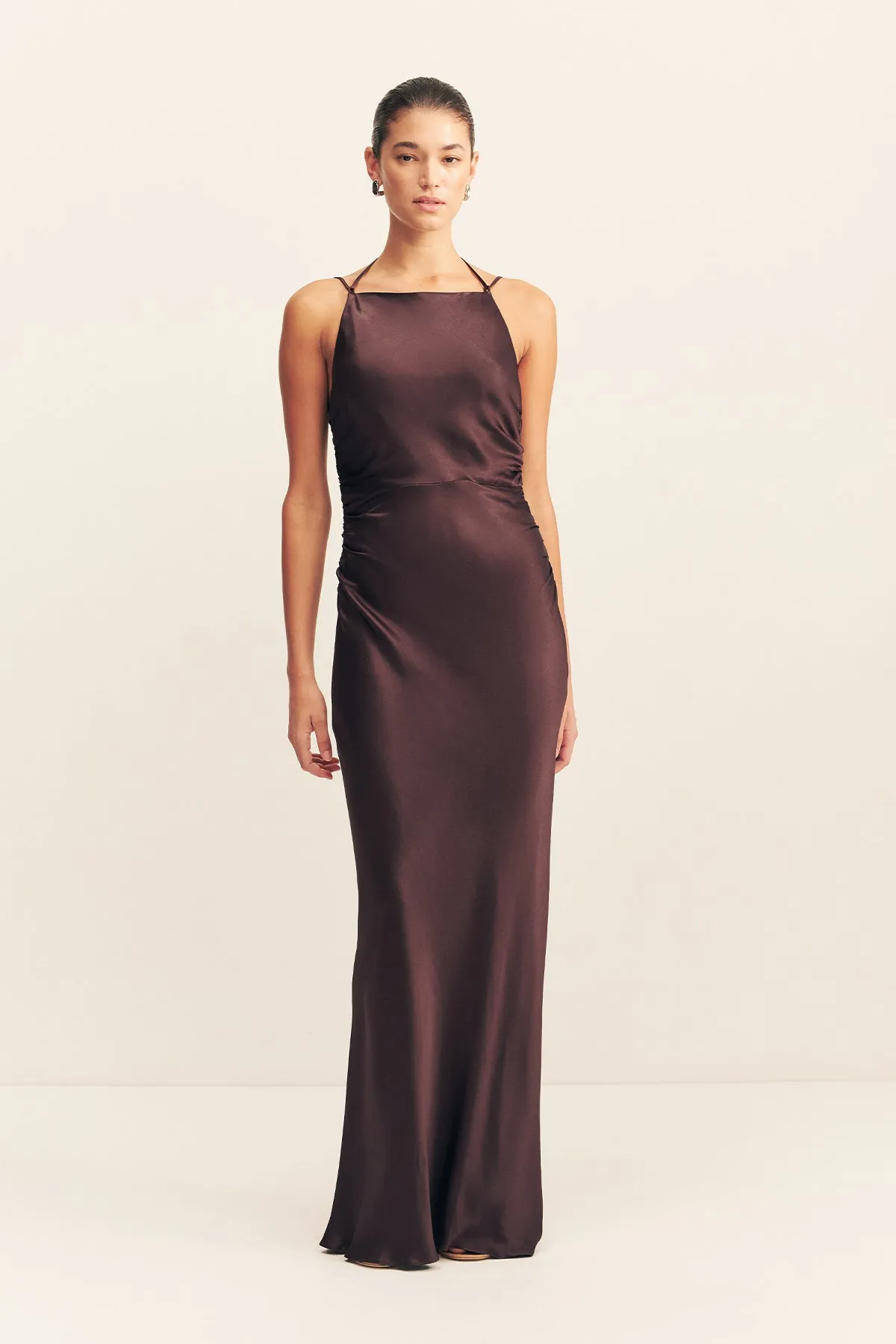 LA LUNE HIGH NECK RUCHED MAXI DRESS - ESPRESSO sold by Shona Joy