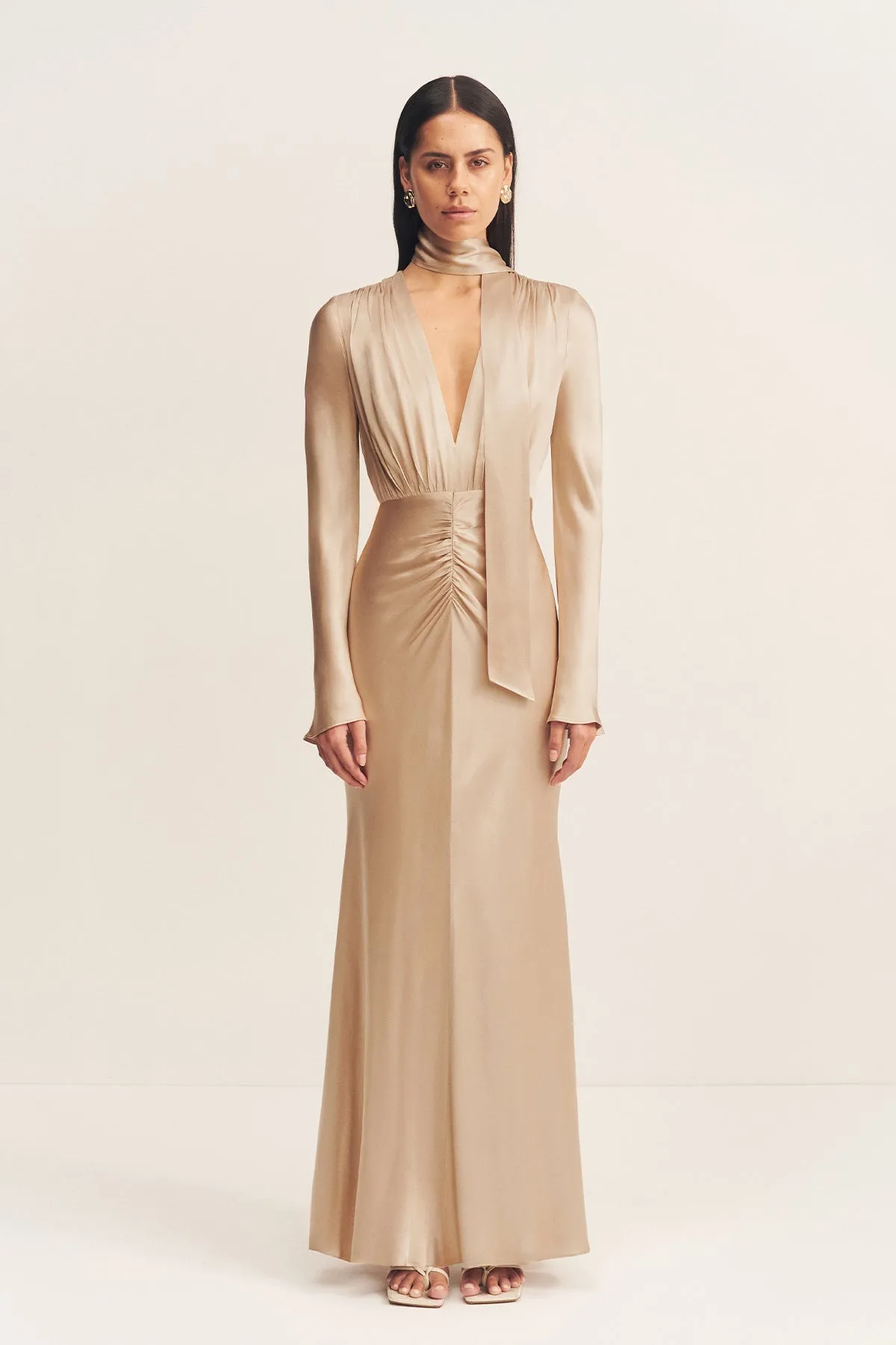 LA LUNE PLUNGED LONG SLEEVE MAXI DRESS - GOLD sold by Shona Joy