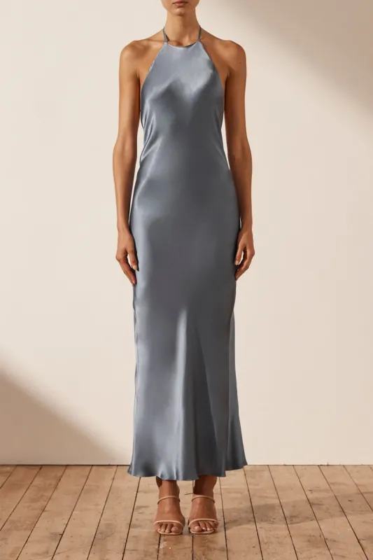 LA LUNE LOW BACK HALTER NECK MIDI DRESS - BLUE SMOKE sold by Shona Joy