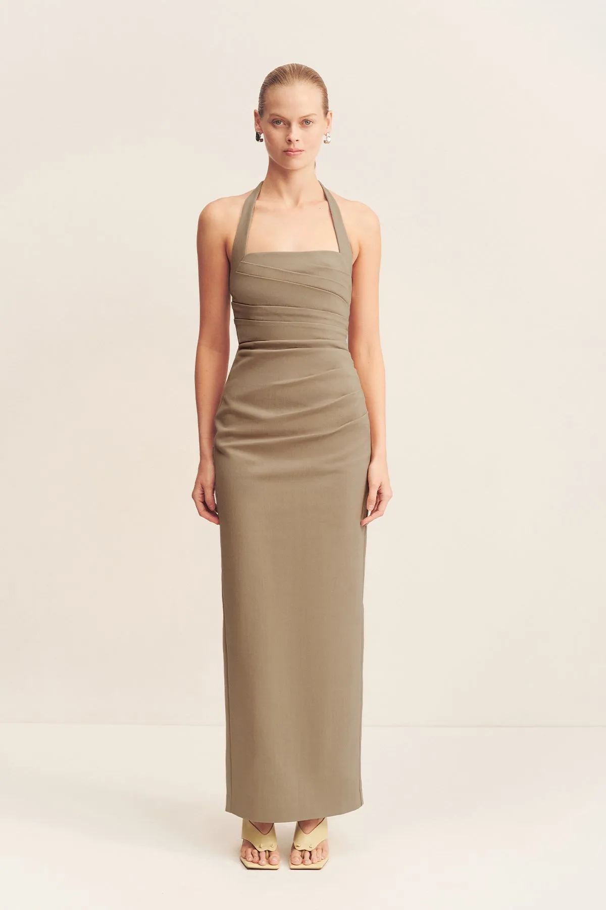 LANI DRAPED HALTER MAXI DRESS - PEBBLE sold by Shona Joy