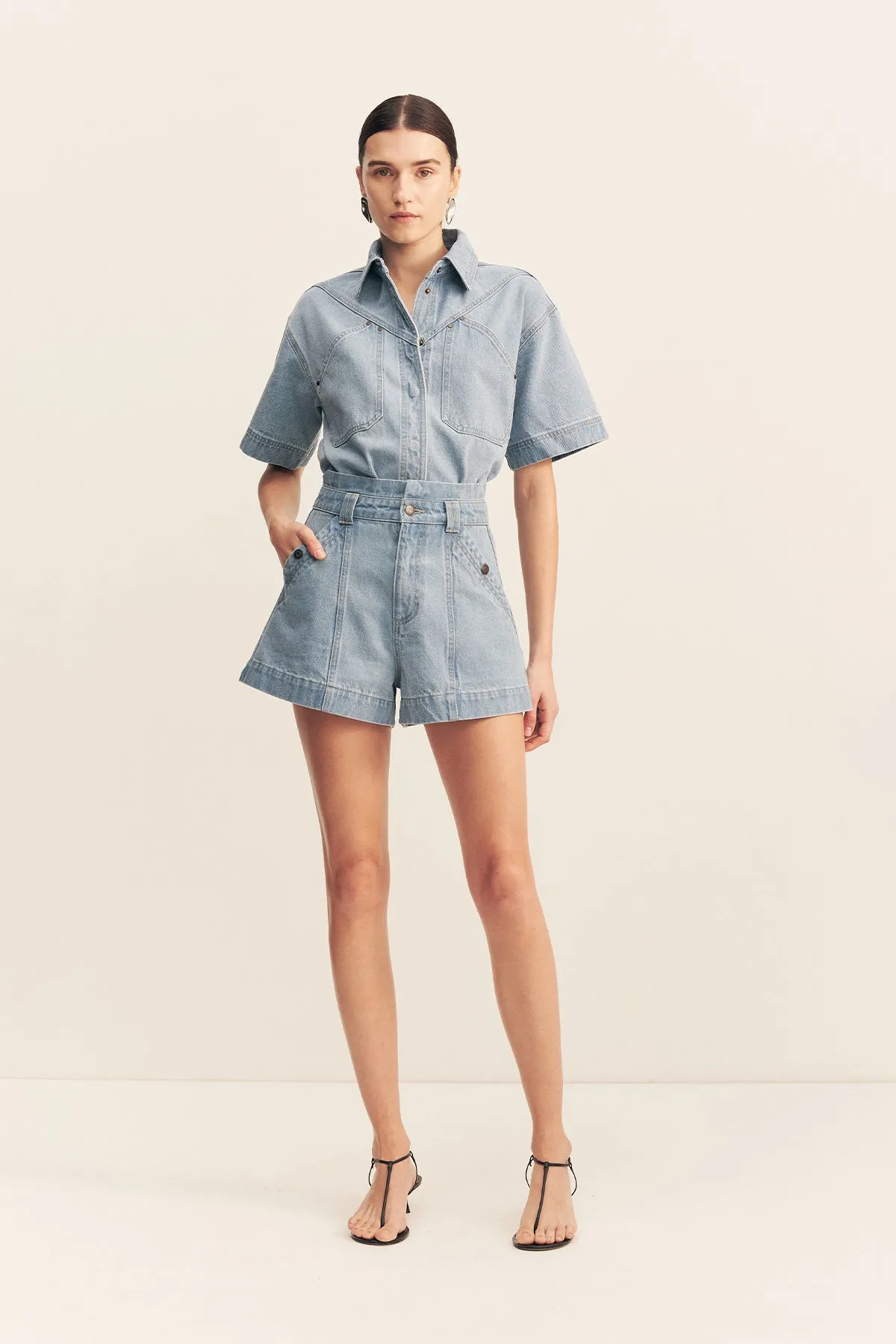 STELLA HIGH WAISTED FLARED SHORT - MID BLUE sold by Shona Joy