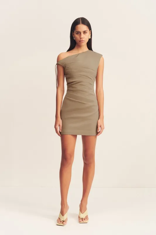 LANI ASYMMETRICAL MINI DRESS - PEBBLE sold by Shona Joy