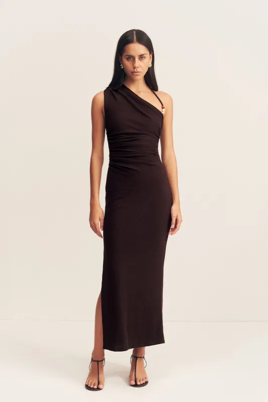 BEAU GATHERED ASYMMETRICAL MIDI DRESS - ESPRESSO sold by Shona Joy