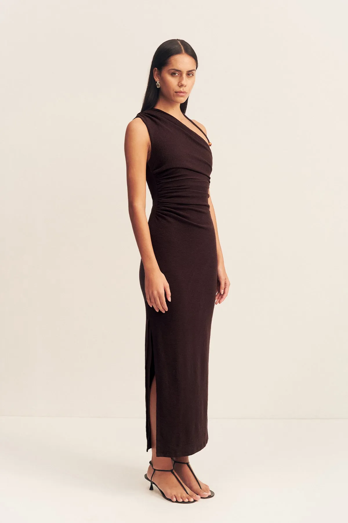 BEAU GATHERED ASYMMETRICAL MIDI DRESS - ESPRESSO sold by Shona Joy product image thumbnail 3