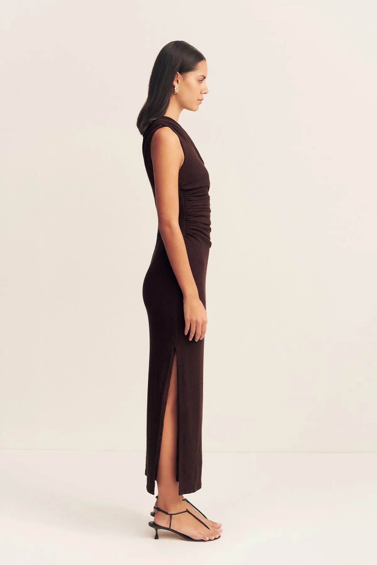 BEAU GATHERED ASYMMETRICAL MIDI DRESS - ESPRESSO sold by Shona Joy product image thumbnail 4