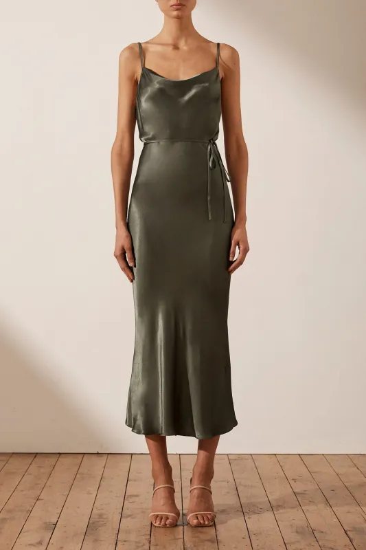 LA LUNE BIAS COWL MIDI DRESS - OLIVE sold by Shona Joy