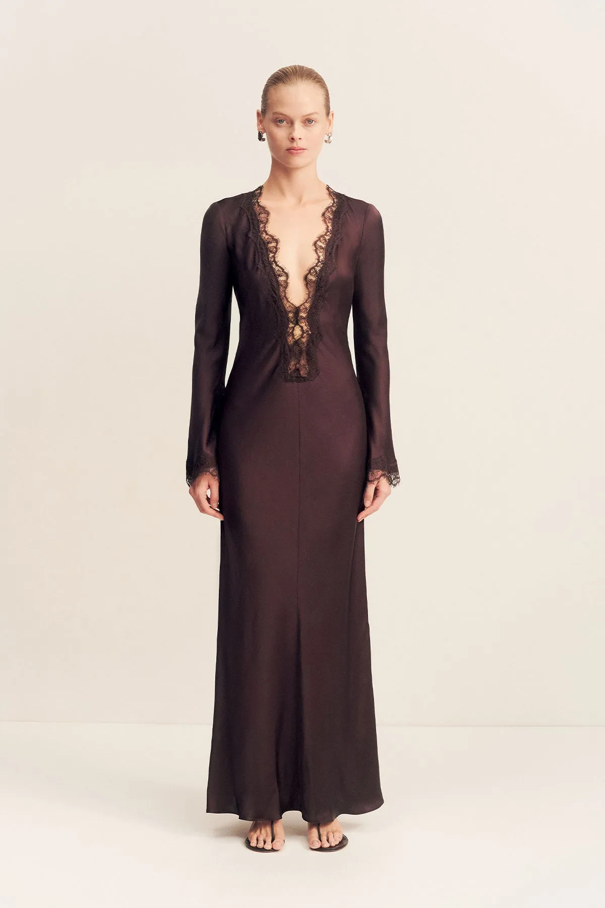 ALLEGRA LACE PLUNGED MAXI DRESS - ESPRESSO sold by Shona Joy