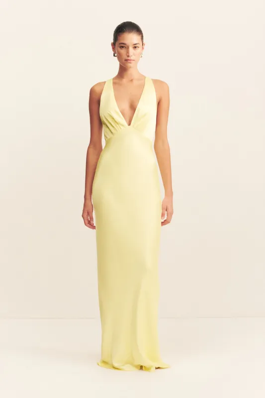 LA LUNE PLUNGED CROSS BACK MAXI DRESS - LEMON sold by Shona Joy