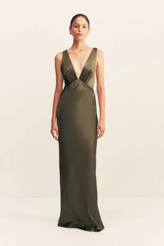 LA LUNE PLUNGED CROSS BACK MAXI DRESS - FOREST sold by Shona Joy