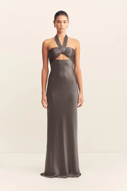 LA LUNE RUCHED HALTER MAXI DRESS - GRAPHITE sold by Shona Joy