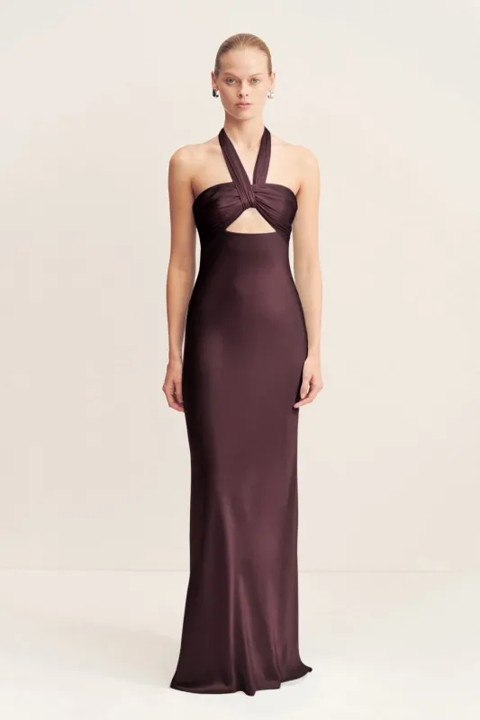 LA LUNE RUCHED HALTER MAXI DRESS - ESPRESSO sold by Shona Joy