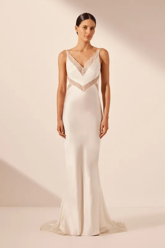 LA LUNE CUMULUS SILK PLUNGED LACE GOWN - IVORY sold by Shona Joy