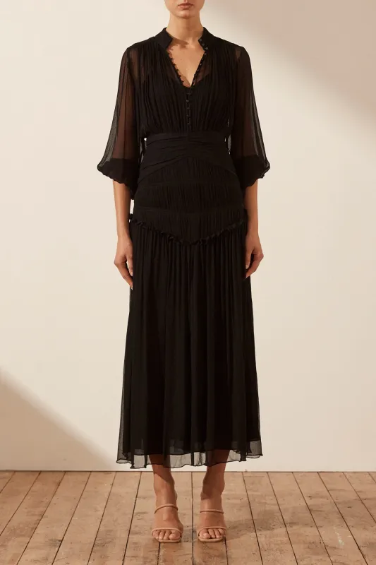 SAFIRA BUTTON UP RUCHED MIDI DRESS - BLACK sold by Shona Joy