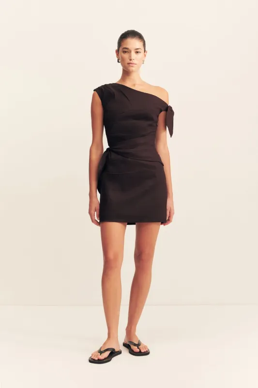 BROOKS ASYMMETRICAL TIE MINI DRESS - GANACHE sold by Shona Joy