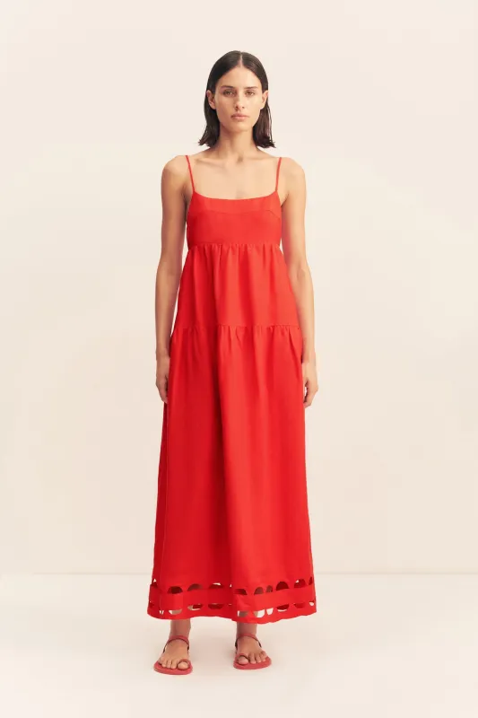 BIRDIE SCALLOP TIERED MIDI DRESS - RED ROSE sold by Shona Joy