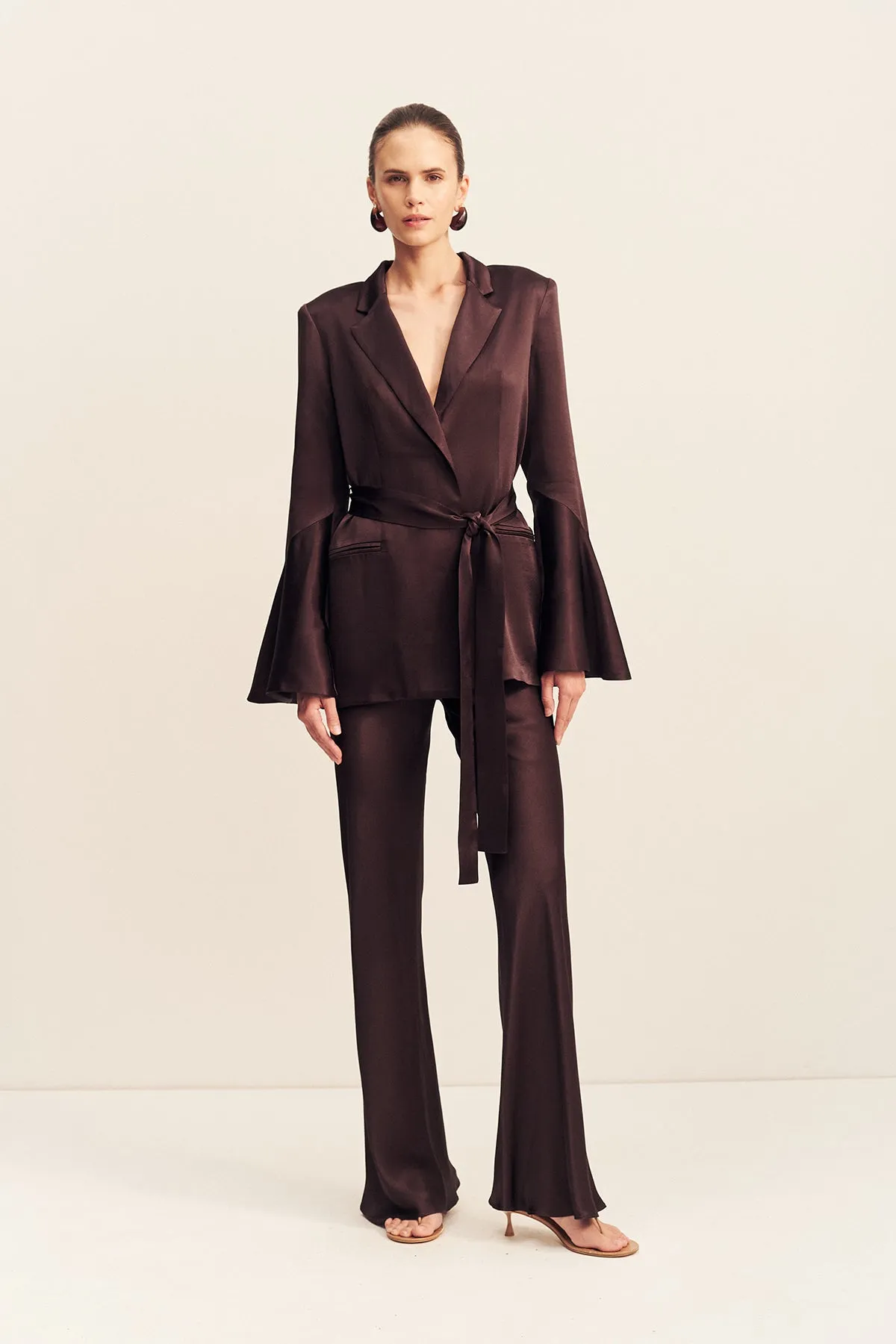 LA LUNE FLARED SLEEVE BELTED BLAZER - ESPRESSO sold by Shona Joy