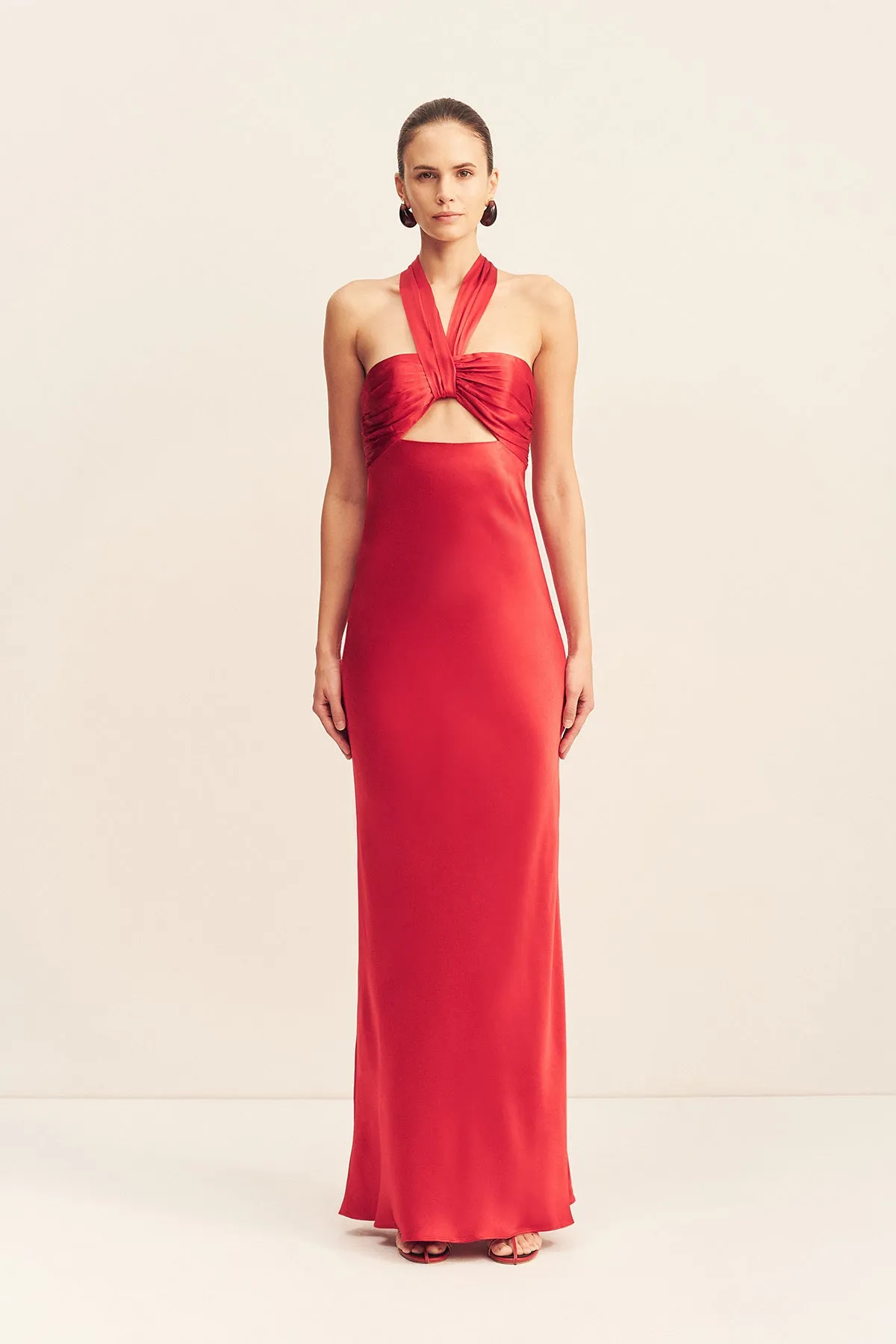 TATUM RUCHED HALTER MAXI DRESS - GRENADINE sold by Shona Joy