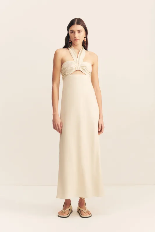 GIGI RUCHED HALTER MIDI DRESS - ECRU sold by Shona Joy