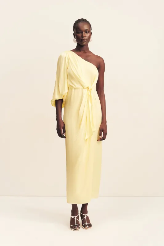 LUMIERE TIE FRONT ONE SHOULDER MIDI DRESS - GOLDEN HOUR sold by Shona Joy
