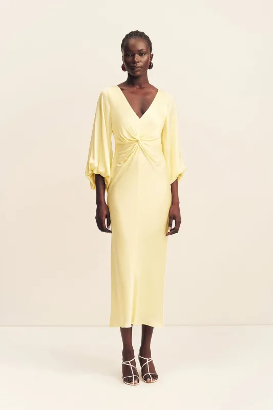 LUMIERE KNOT FRONT MIDI DRESS - GOLDEN HOUR sold by Shona Joy