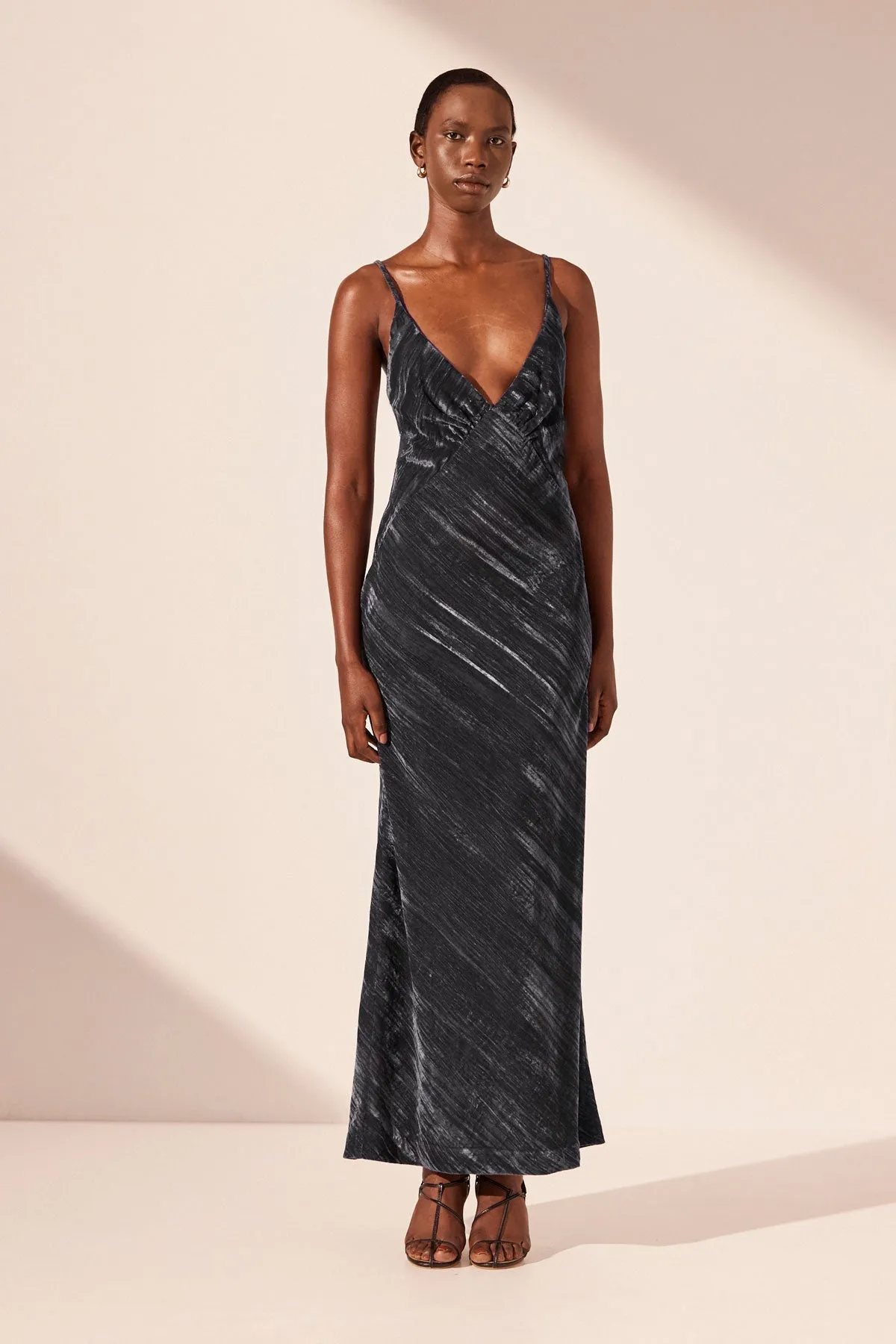 HOLLI PLUNGED GATHERED MIDI DRESS - DARK ASH sold by Shona Joy