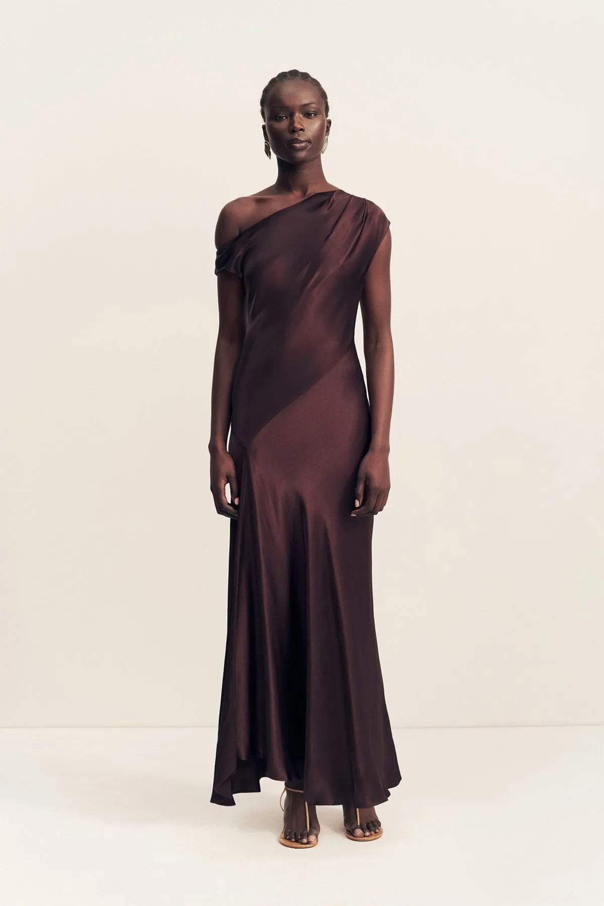 LA LUNE ASYMMETRICAL DRAPED MAXI DRESS - ESPRESSO sold by Shona Joy